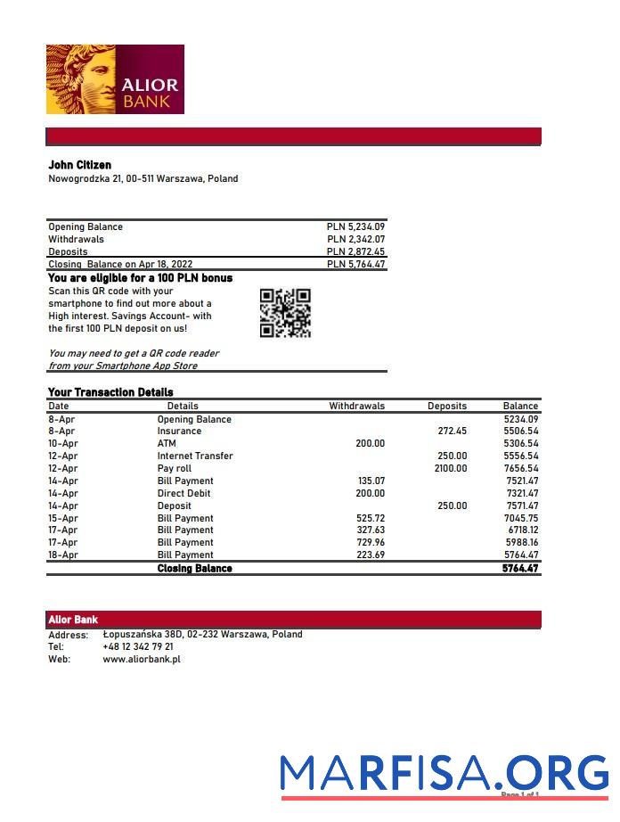 Blank Poland Alior bank statement excel template
